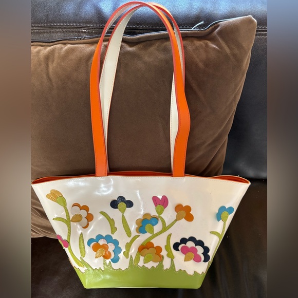 Braccialini Leather Tote w/ Floral Embroidery and Orange Handles made in Italy - Picture 1 of 7